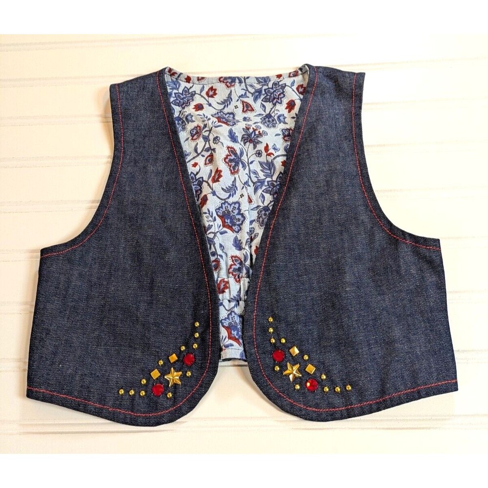 Girls Western Wear Outfit Size 10 Denim Skirt Vest Shirt Floral Costume Handmade - Picture 8 of 16